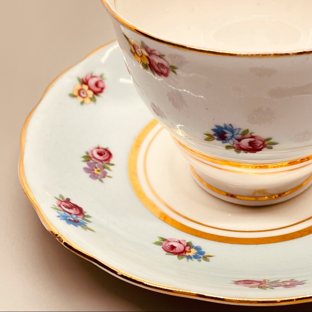 Vintage Colclough Fine Bone China Light Blue Tea Cup & Saucer England Gold Trim